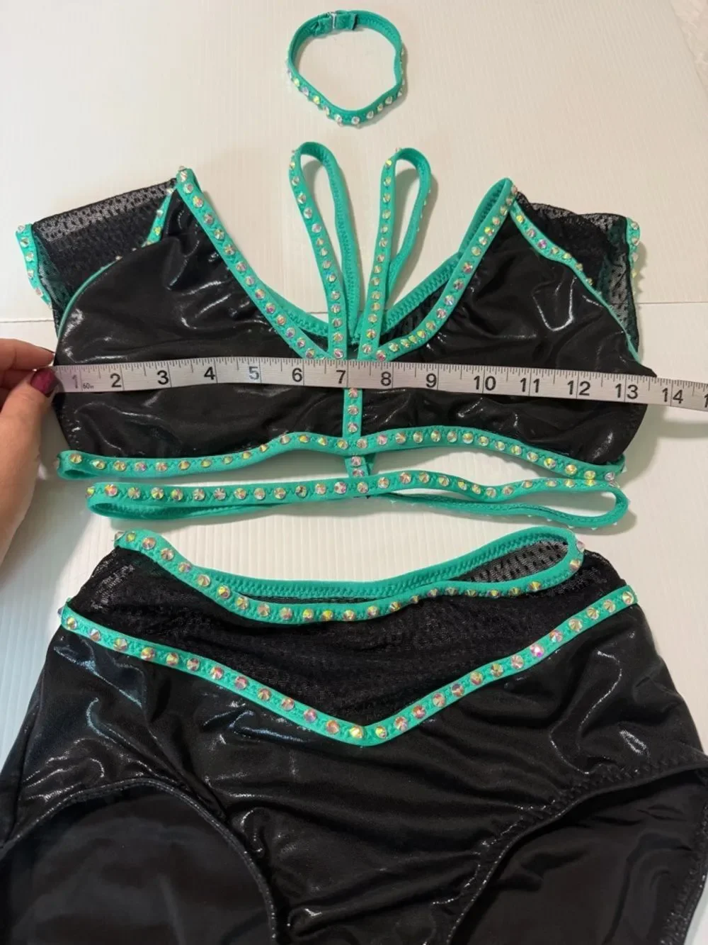 Custom dance costume leotard black aqua blue 2 piece SA-Small adult